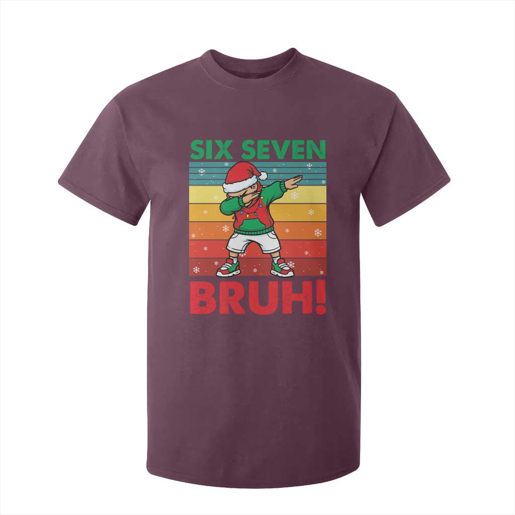 Six Seven Bruh Christmas Dabbing T Shirt For Kid Funny 67 Meme Retro Santa Kid Vibes TS02 Maroon Print Your Wear