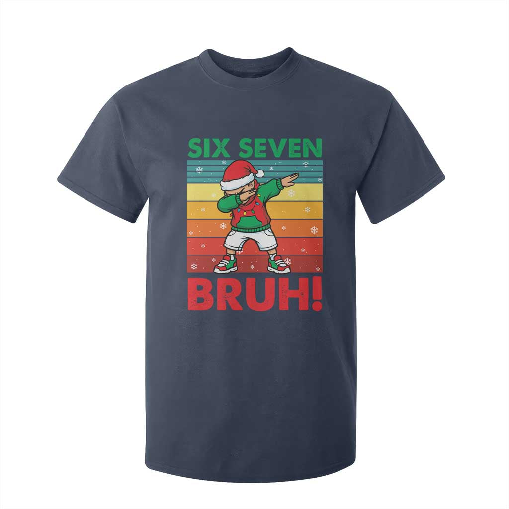 Six Seven Bruh Christmas Dabbing T Shirt For Kid Funny 67 Meme Retro Santa Kid Vibes TS02 Navy Print Your Wear