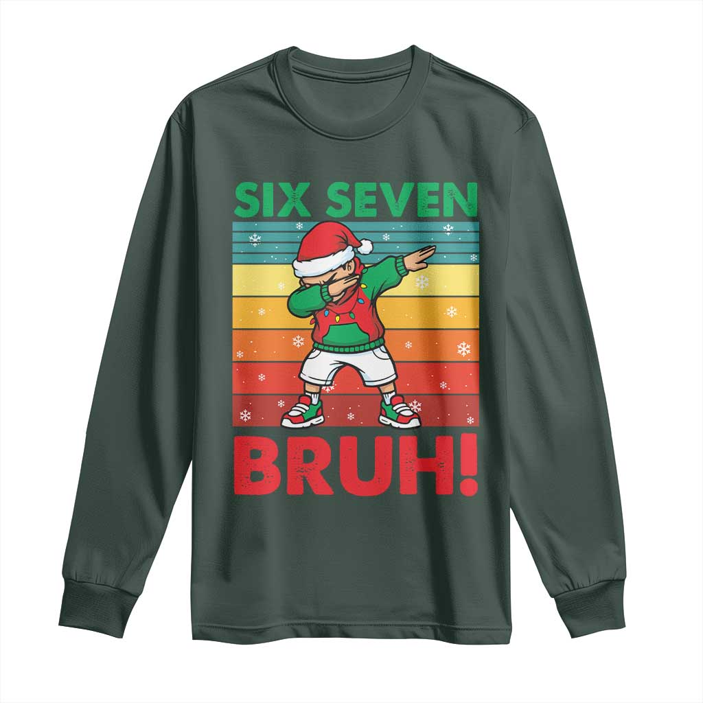 Six Seven Bruh Christmas Dabbing Long Sleeve Shirt Funny 67 Meme Retro Santa Kid Vibes TS02 Dark Forest Green Print Your Wear