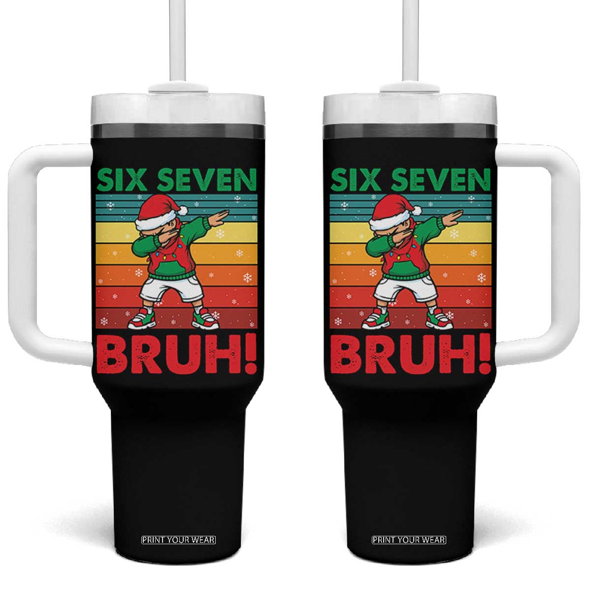 Six Seven Bruh Christmas Dabbing Tumbler With Handle Funny 67 Meme Retro Santa Kid Vibes TS02 One Size: 40 oz Black Print Your Wear