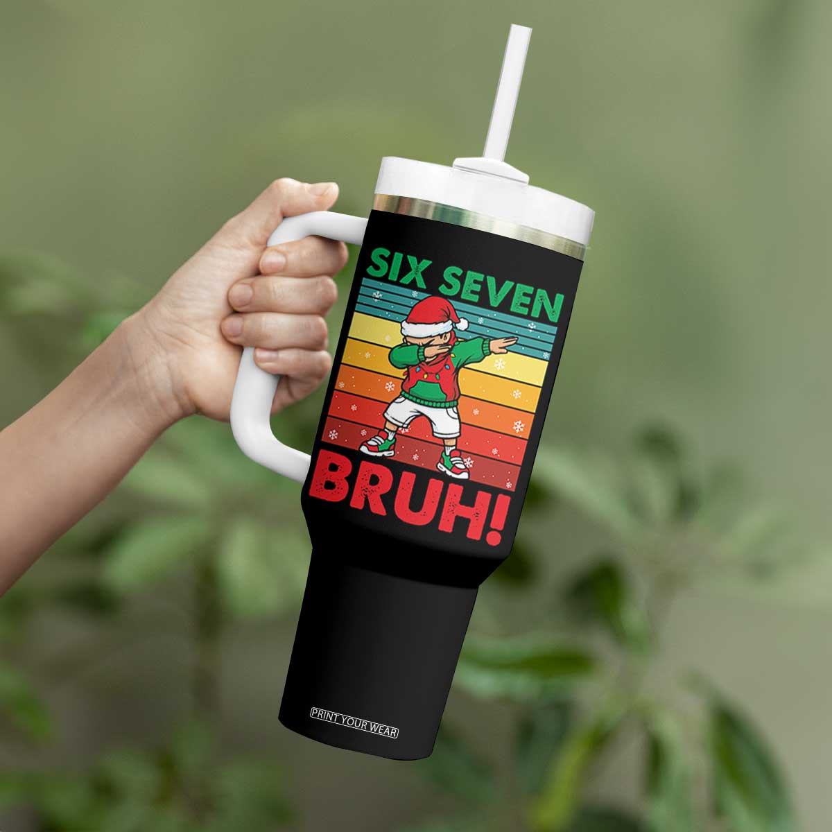 Six Seven Bruh Christmas Dabbing Tumbler With Handle Funny 67 Meme Retro Santa Kid Vibes TS02 Print Your Wear