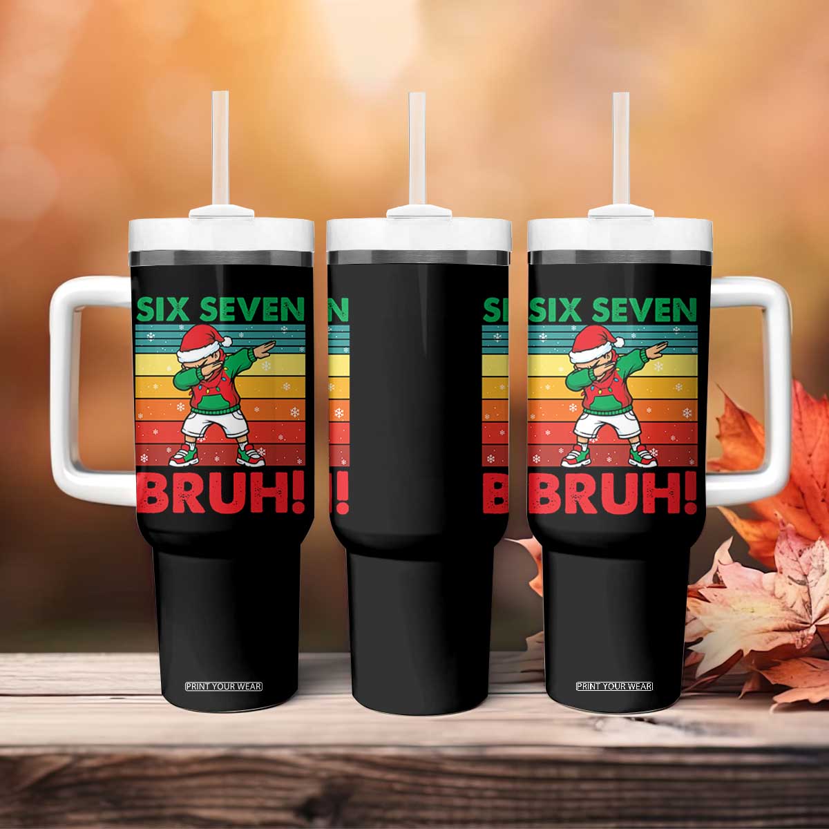 Six Seven Bruh Christmas Dabbing Tumbler With Handle Funny 67 Meme Retro Santa Kid Vibes TS02 Print Your Wear