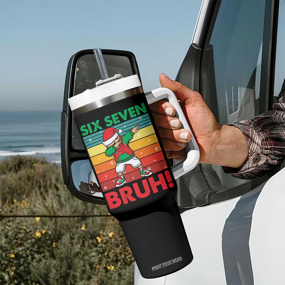 Six Seven Bruh Christmas Dabbing Tumbler With Handle Funny 67 Meme Retro Santa Kid Vibes TS02 Print Your Wear