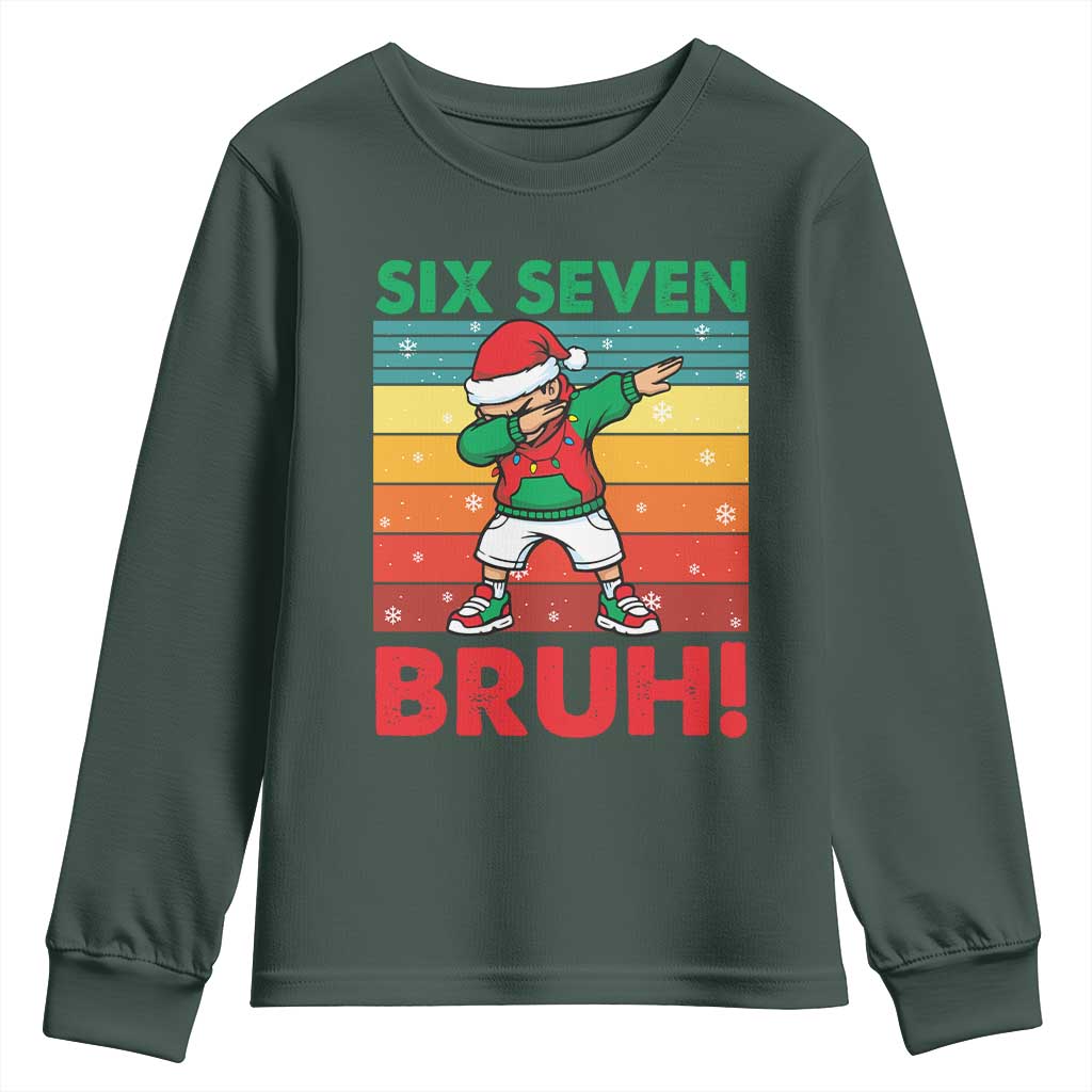 Six Seven Bruh Christmas Dabbing Youth Sweatshirt Funny 67 Meme Retro Santa Kid Vibes TS02 Dark Forest Green Print Your Wear