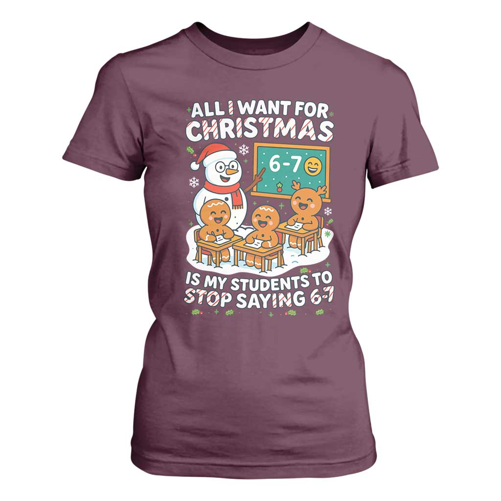 Gingerbread Classroom 67 Meme T Shirt For Women Funny Christmas Teacher Wish My Students To Stop Saying Six Seven TS02 Maroon Print Your Wear