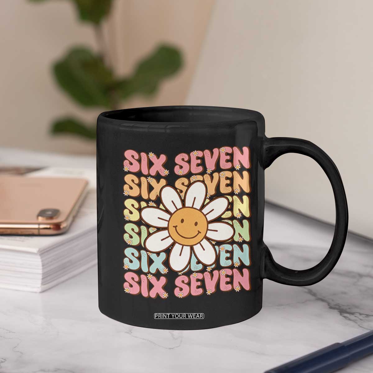Six Seven Flower Power Coffee Mug Viral 67 Meme with Retro Daisy TS02 Print Your Wear