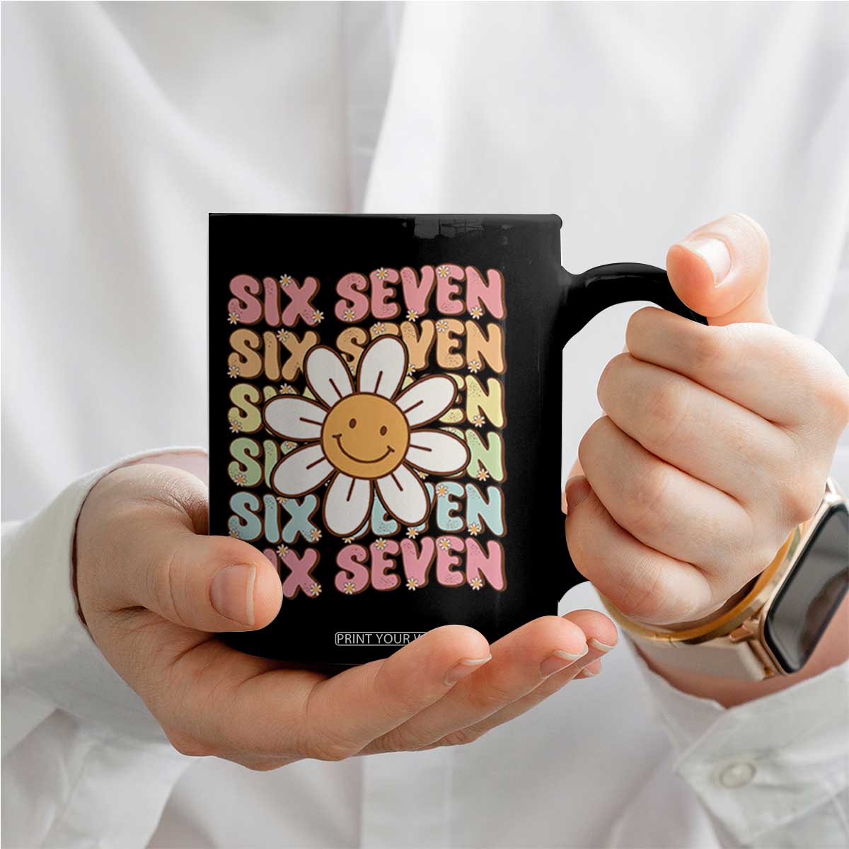 Six Seven Flower Power Coffee Mug Viral 67 Meme with Retro Daisy TS02 Print Your Wear