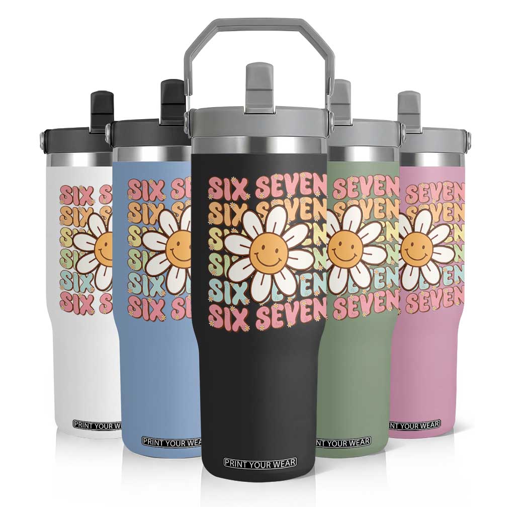 Six Seven Flower Power Flip Straw Tumbler Viral 67 Meme with Retro Daisy TS02 Print Your Wear