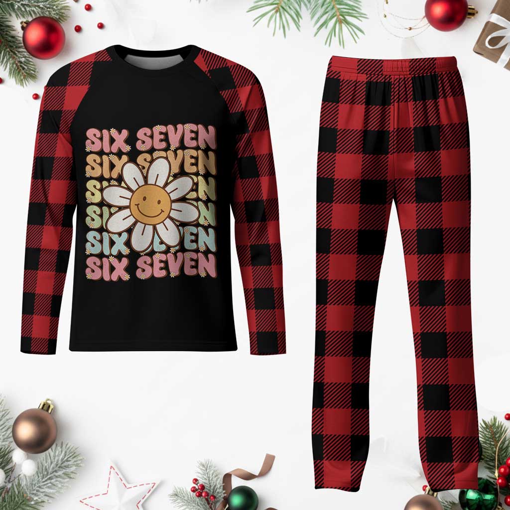 Six Seven Flower Power Plaid Pajama Set Viral 67 Meme with Retro Daisy TS02 Buffalo Plaid Print Your Wear