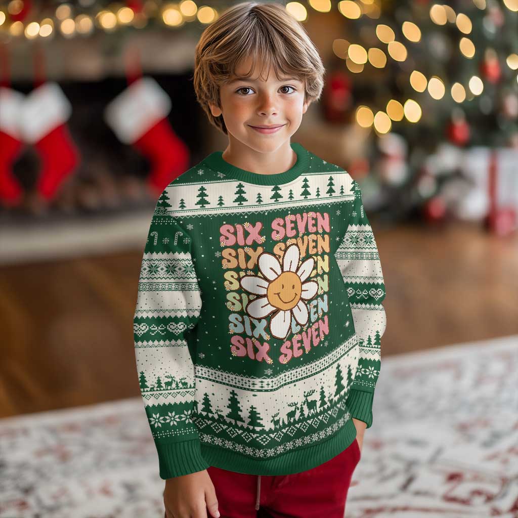 Six Seven Flower Power Ugly Christmas Sweater Viral 67 Meme with Retro Daisy TS02 Forest Green Beige Print Your Wear