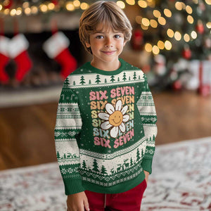 Six Seven Flower Power Ugly Christmas Sweater Viral 67 Meme with Retro Daisy TS02 Forest Green Beige Print Your Wear