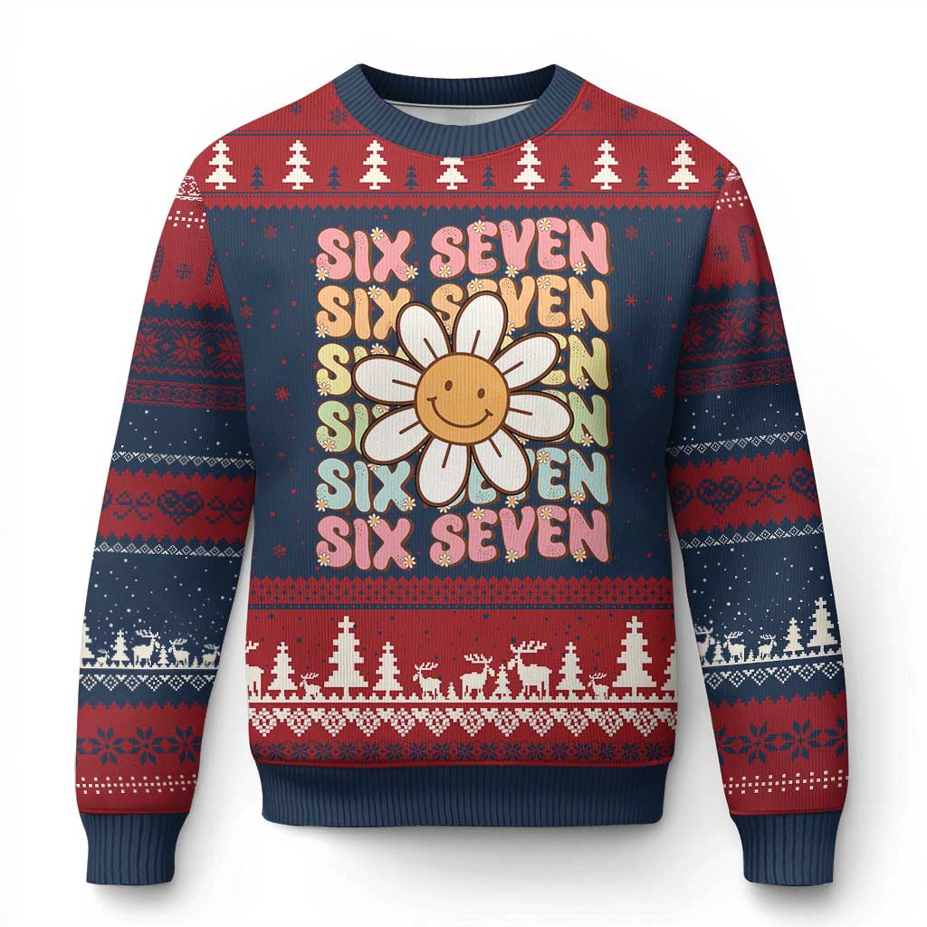 Six Seven Flower Power Ugly Christmas Sweater Viral 67 Meme with Retro Daisy TS02 Navy Red Print Your Wear