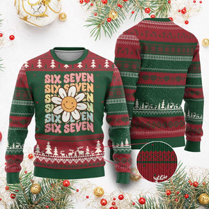 Six Seven Flower Power Ugly Christmas Sweater Viral 67 Meme with Retro Daisy TS02 Red Green Print Your Wear