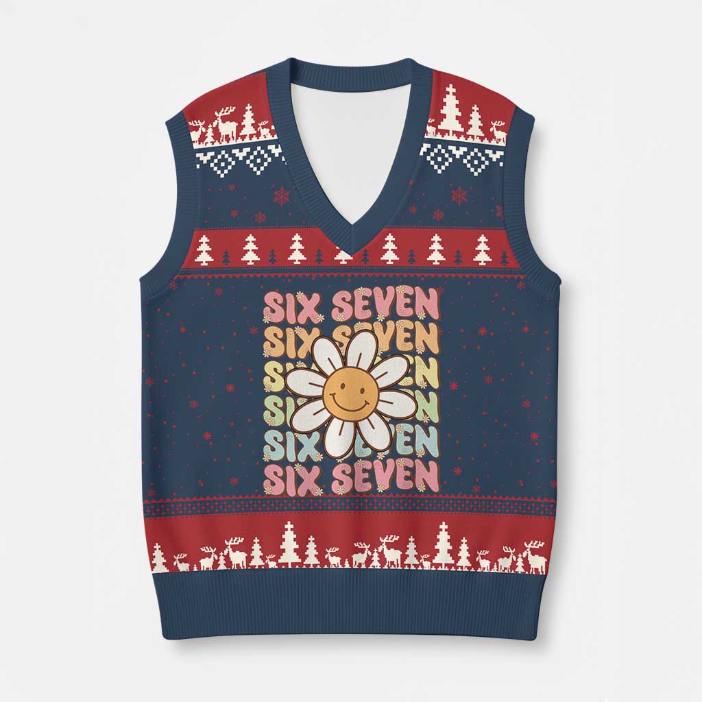 Six Seven Flower Power V-Neck Knit Sweater Vest Viral 67 Meme with Retro Daisy TS02 Navy Red Print Your Wear