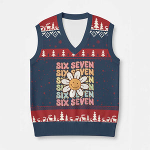 Six Seven Flower Power V-Neck Knit Sweater Vest Viral 67 Meme with Retro Daisy TS02 Navy Red Print Your Wear
