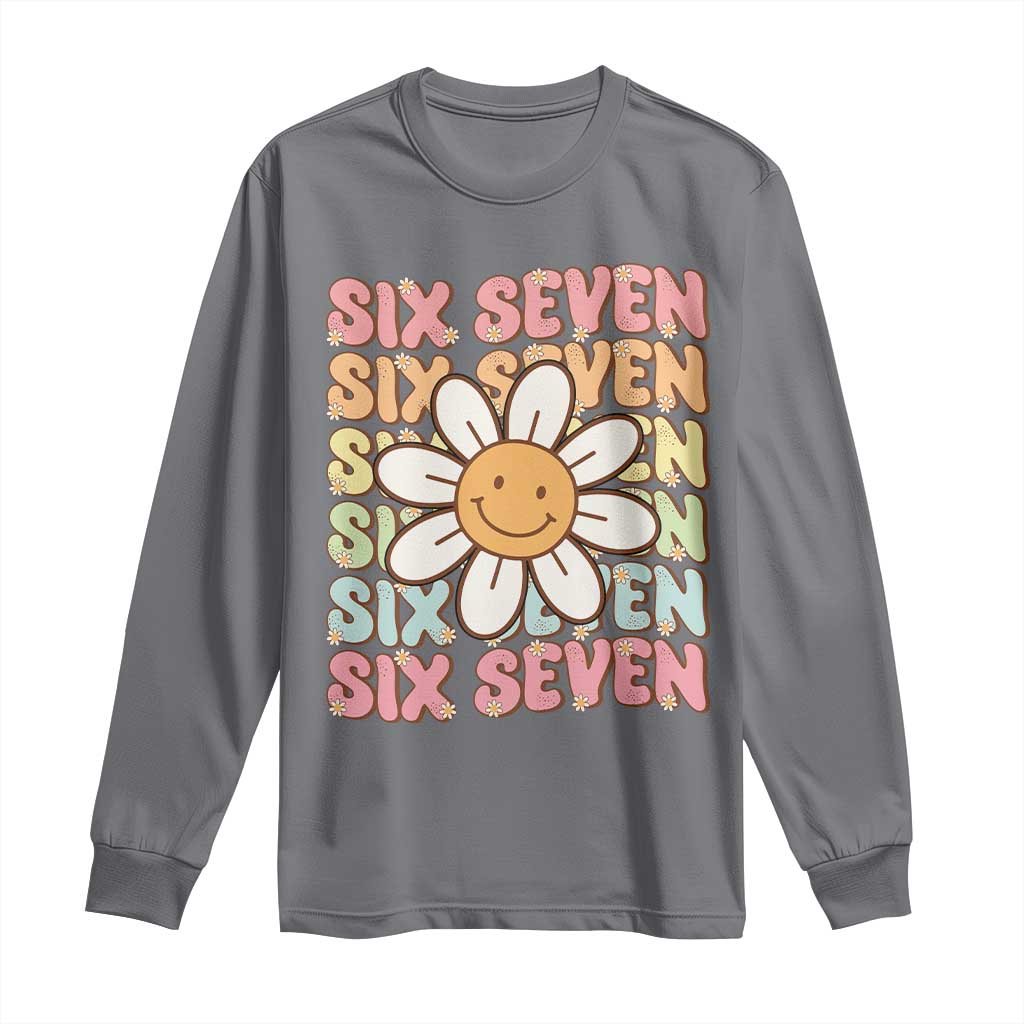 Six Seven Flower Power Long Sleeve Shirt Viral 67 Meme with Retro Daisy TS02 Charcoal Print Your Wear