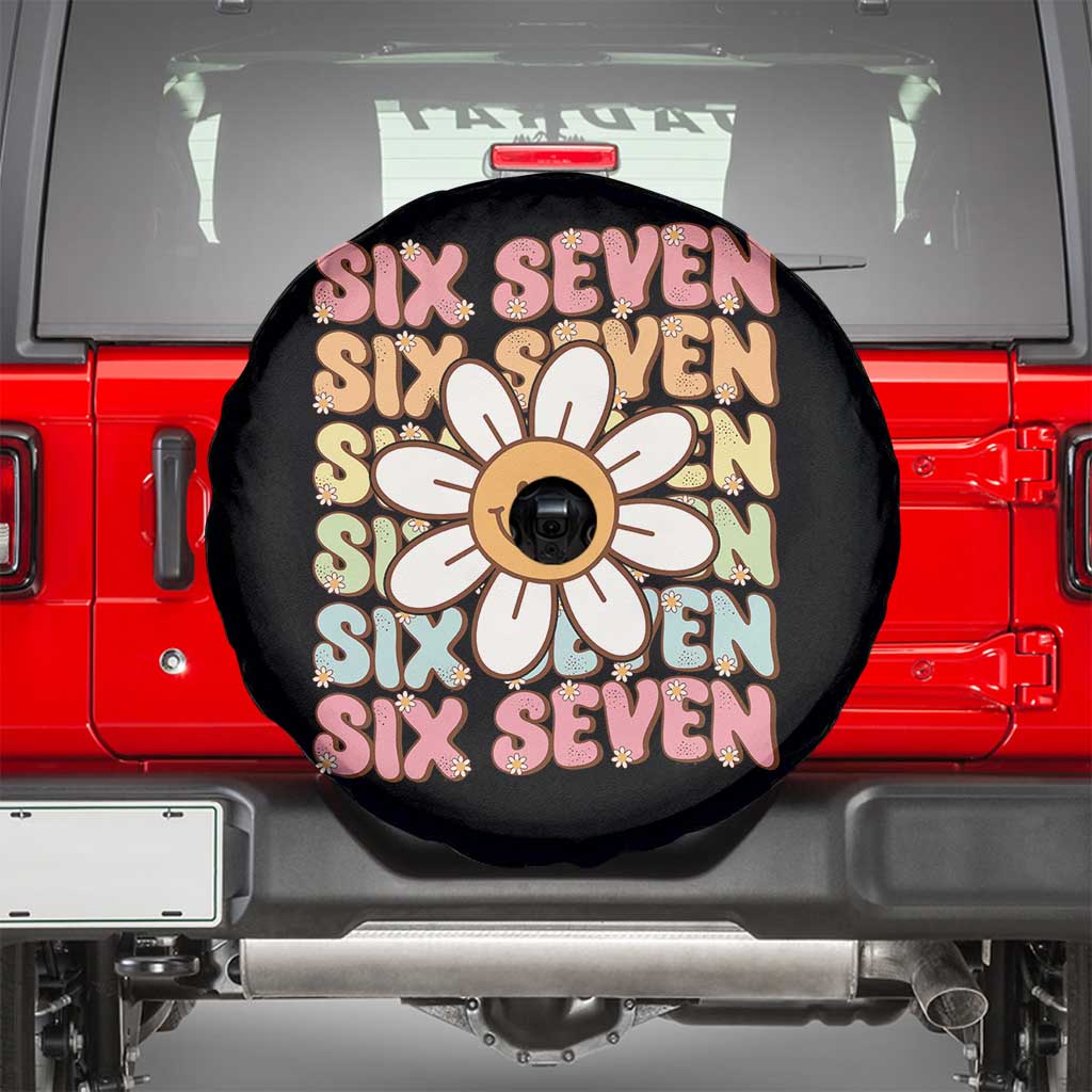 Six Seven Flower Power Spare Tire Cover Viral 67 Meme with Retro Daisy TS02 Black Print Your Wear