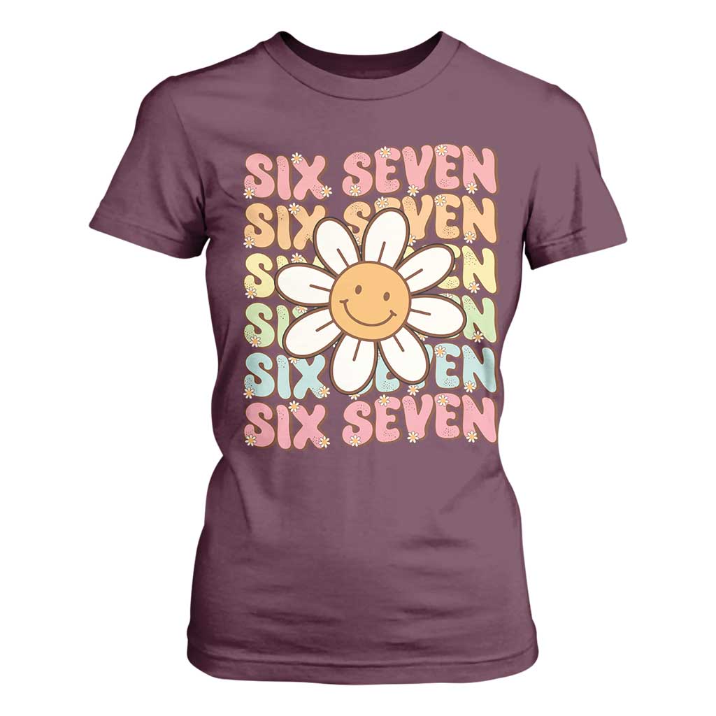 Six Seven Flower Power T Shirt For Women Viral 67 Meme with Retro Daisy TS02 Maroon Print Your Wear