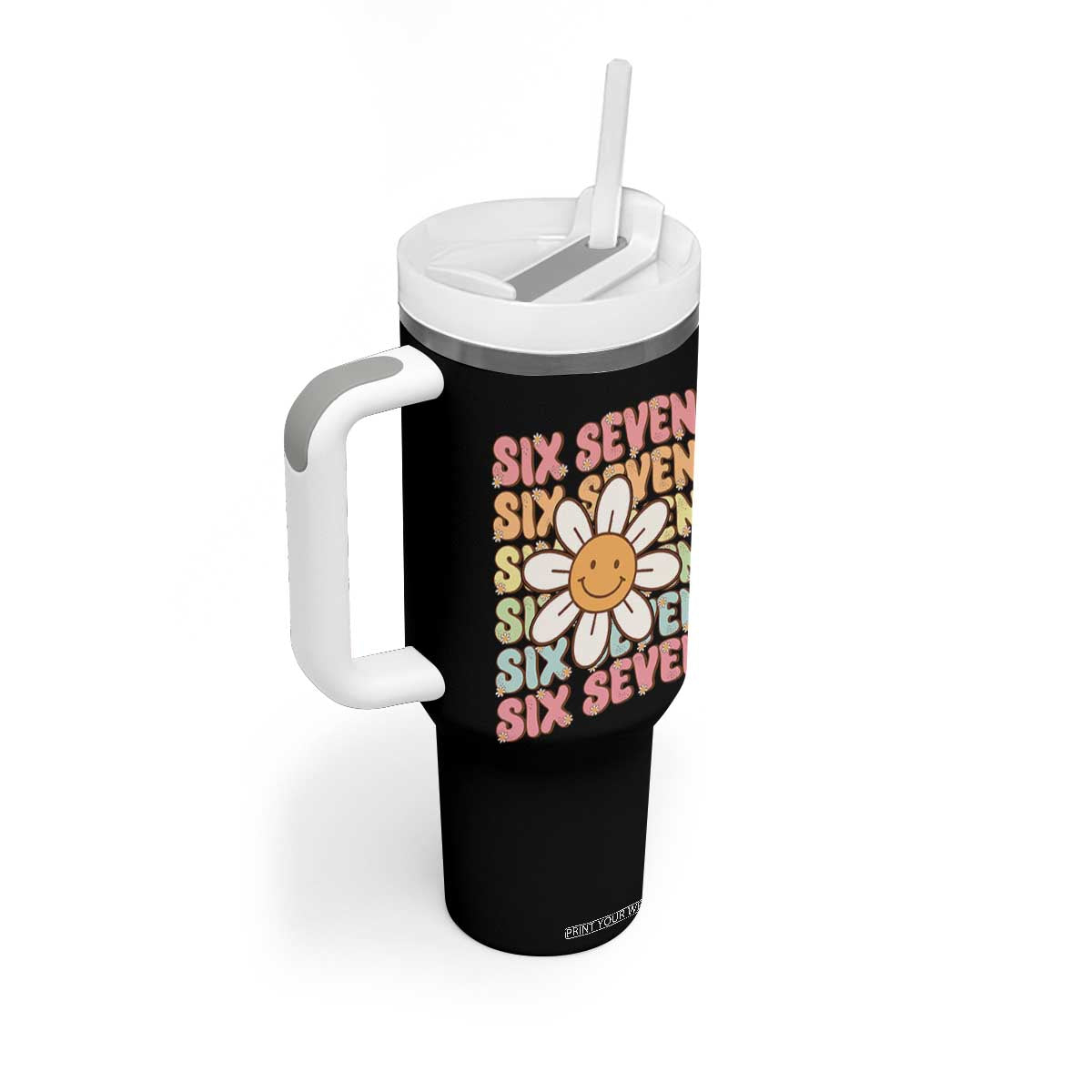 Six Seven Flower Power Tumbler With Handle Viral 67 Meme with Retro Daisy TS02 Print Your Wear