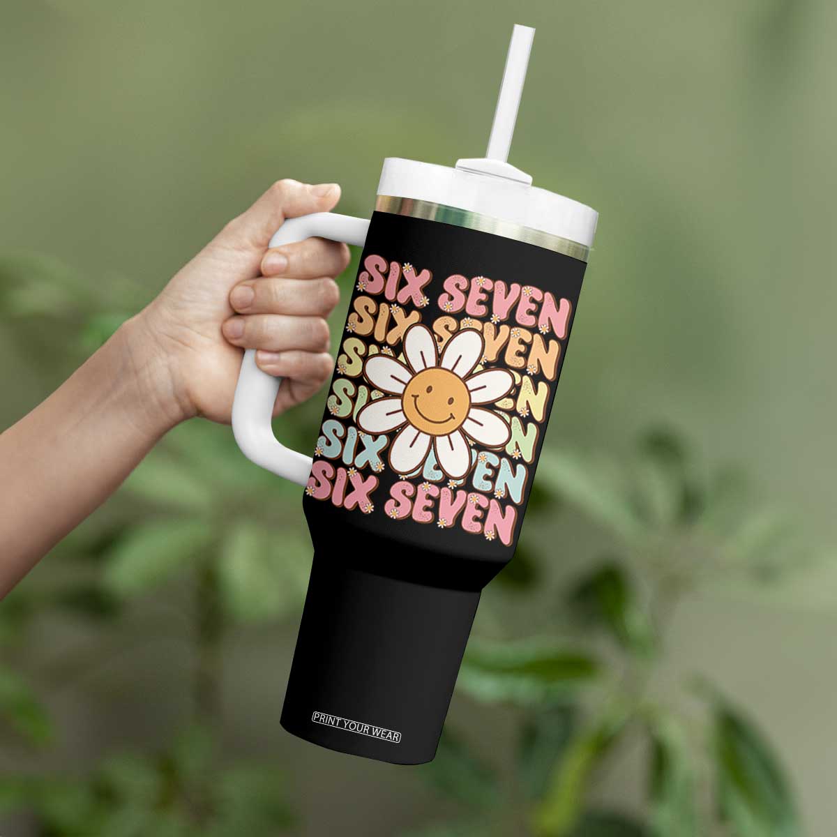 Six Seven Flower Power Tumbler With Handle Viral 67 Meme with Retro Daisy TS02 Print Your Wear