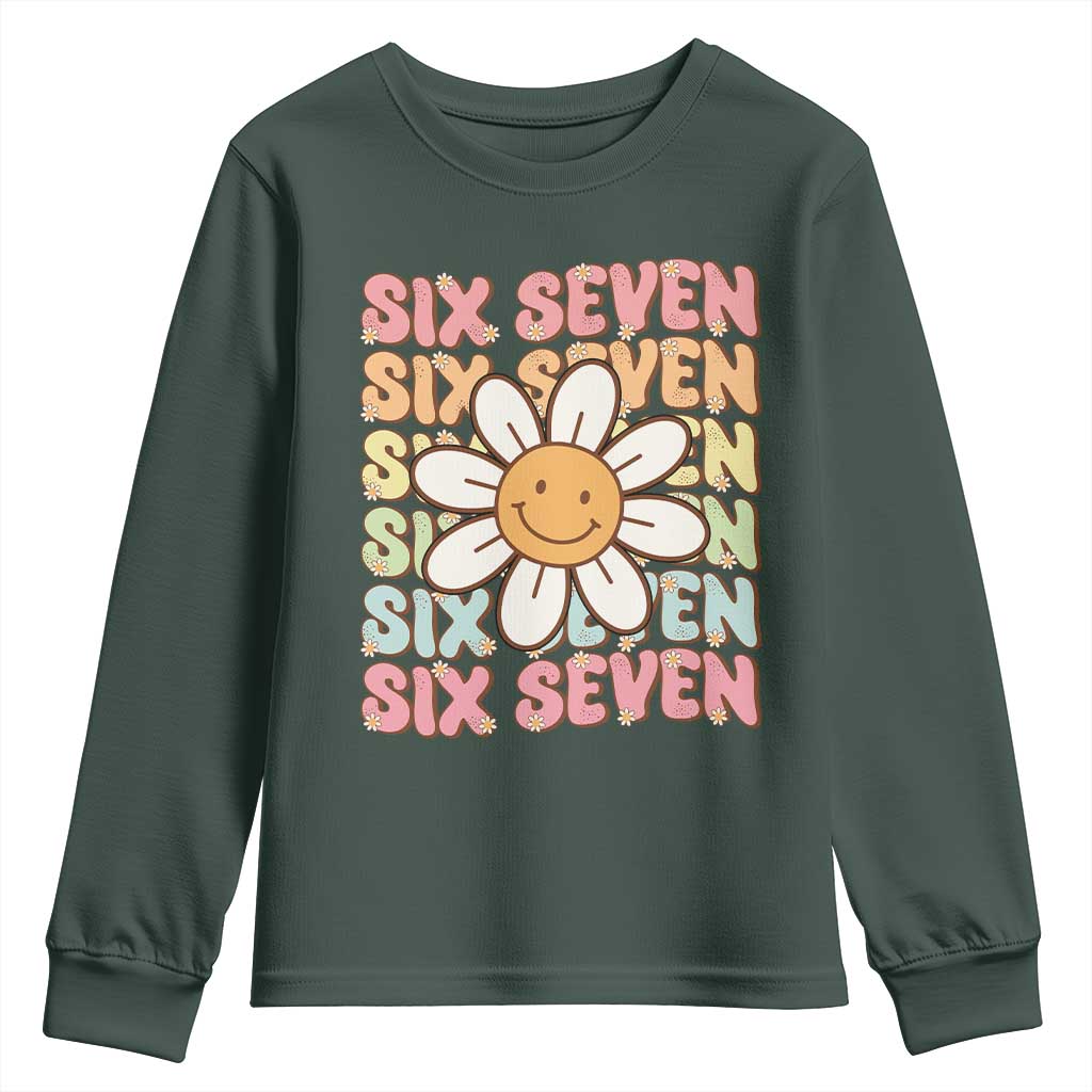 Six Seven Flower Power Youth Sweatshirt Viral 67 Meme with Retro Daisy TS02 Dark Forest Green Print Your Wear