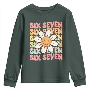 Six Seven Flower Power Youth Sweatshirt Viral 67 Meme with Retro Daisy TS02 Dark Forest Green Print Your Wear