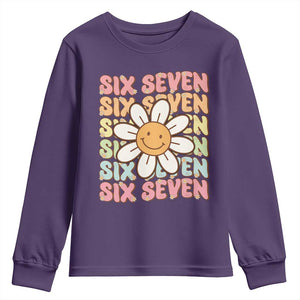 Six Seven Flower Power Youth Sweatshirt Viral 67 Meme with Retro Daisy TS02 Purple Print Your Wear