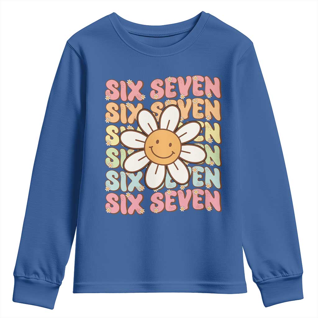 Six Seven Flower Power Youth Sweatshirt Viral 67 Meme with Retro Daisy TS02 Royal Blue Print Your Wear