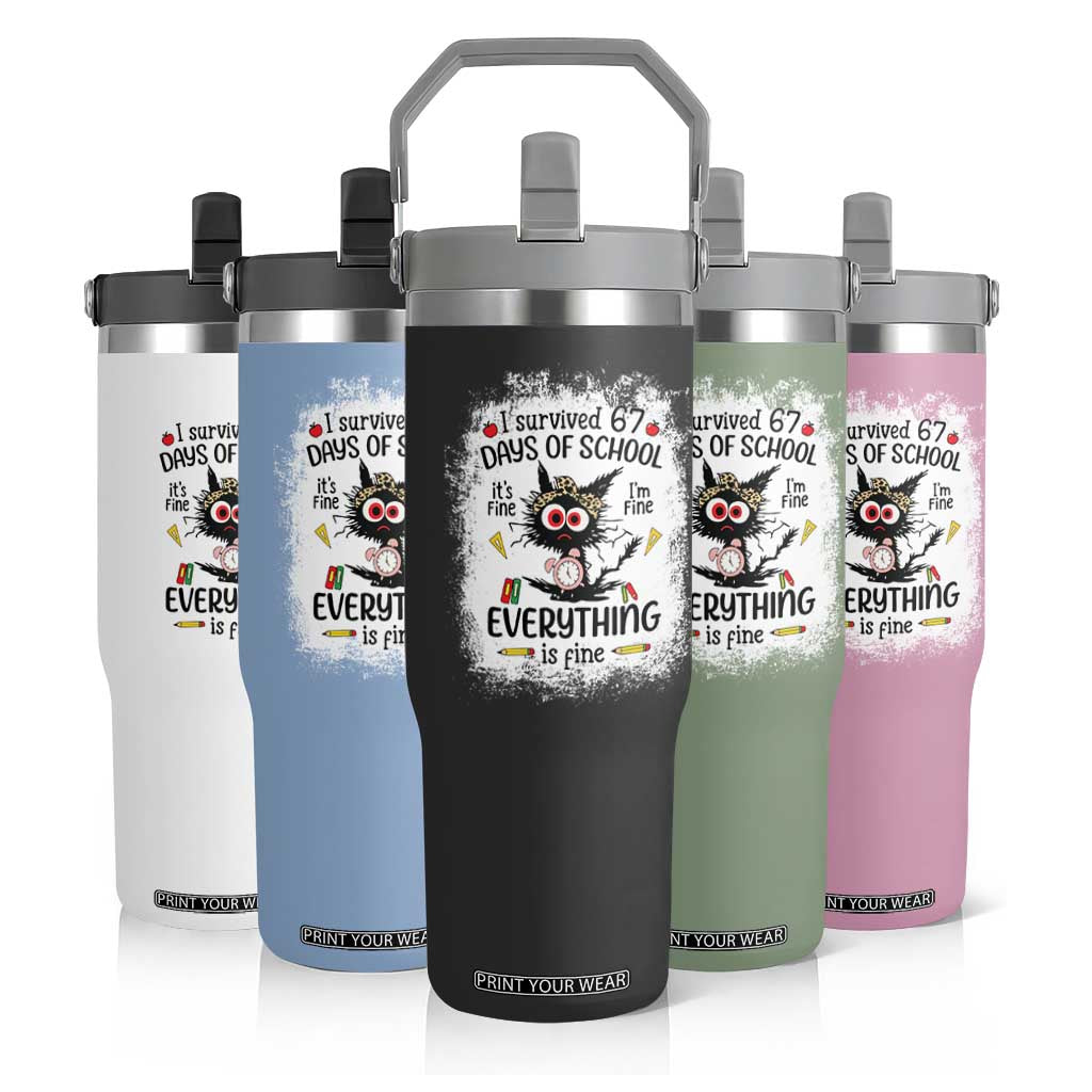 I Survived 67 Days of School Flip Straw Tumbler Funny Teacher Black Cat Chaos Everything Is Fine TS02 Print Your Wear