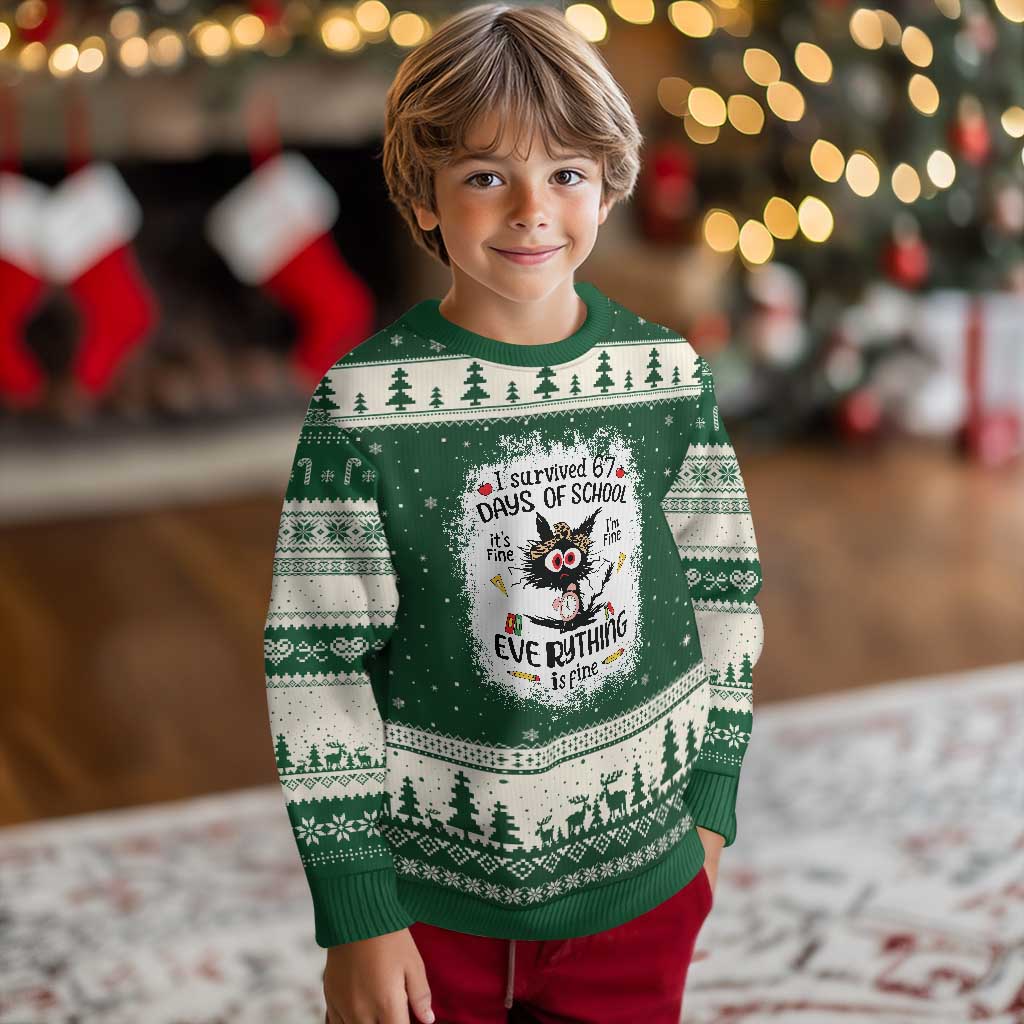 I Survived 67 Days of School Ugly Christmas Sweater Funny Teacher Black Cat Chaos Everything Is Fine TS02 Forest Green Beige Print Your Wear