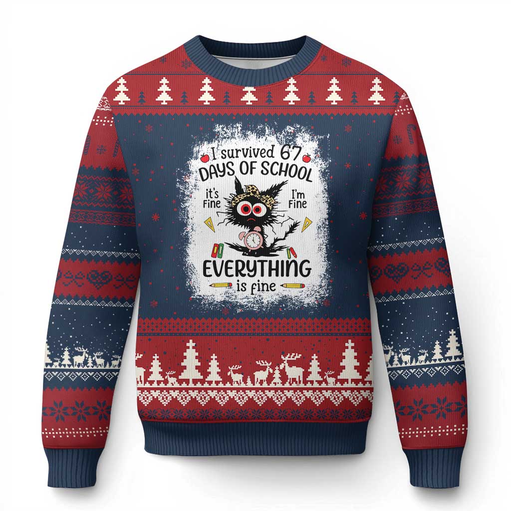 I Survived 67 Days of School Ugly Christmas Sweater Funny Teacher Black Cat Chaos Everything Is Fine TS02 Navy Red Print Your Wear