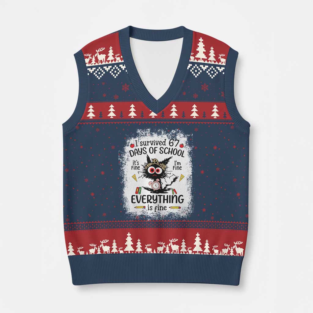 I Survived 67 Days of School V-Neck Knit Sweater Vest Funny Teacher Black Cat Chaos Everything Is Fine TS02 Navy Red Print Your Wear