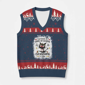 I Survived 67 Days of School V-Neck Knit Sweater Vest Funny Teacher Black Cat Chaos Everything Is Fine TS02 Navy Red Print Your Wear