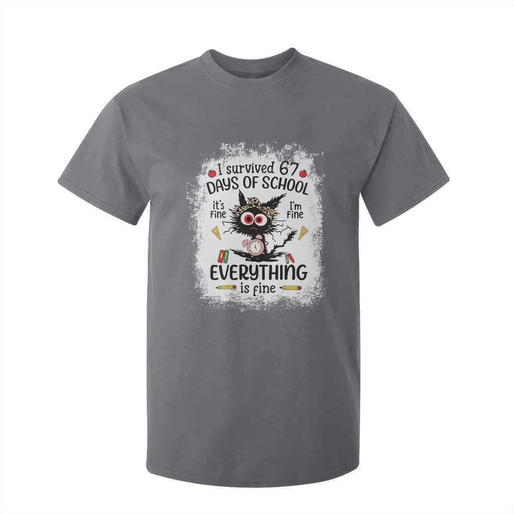 I Survived 67 Days of School T Shirt For Kid Funny Teacher Black Cat Chaos Everything Is Fine TS02 Charcoal Print Your Wear