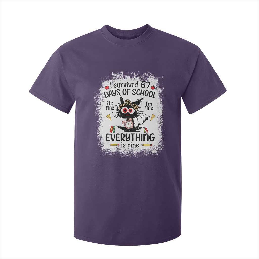 I Survived 67 Days of School T Shirt For Kid Funny Teacher Black Cat Chaos Everything Is Fine TS02 Purple Print Your Wear