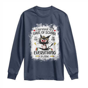 I Survived 67 Days of School Long Sleeve Shirt Funny Teacher Black Cat Chaos Everything Is Fine TS02 Navy Print Your Wear