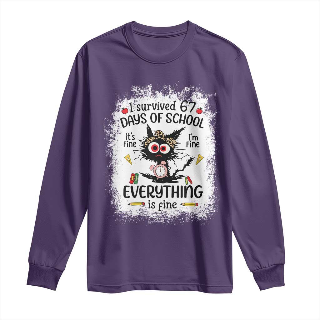 I Survived 67 Days of School Long Sleeve Shirt Funny Teacher Black Cat Chaos Everything Is Fine TS02 Purple Print Your Wear