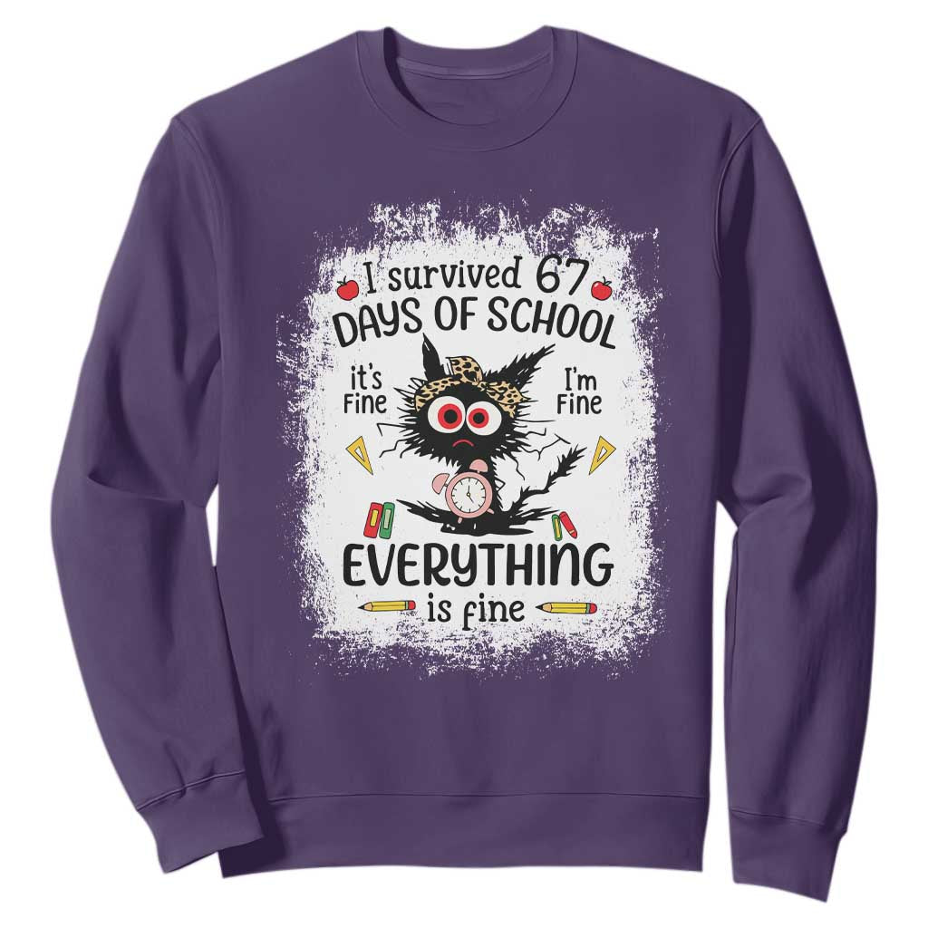 I Survived 67 Days of School Sweatshirt Funny Teacher Black Cat Chaos Everything Is Fine TS02 Purple Print Your Wear