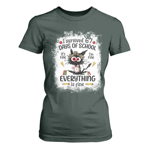 I Survived 67 Days of School T Shirt For Women Funny Teacher Black Cat Chaos Everything Is Fine TS02 Dark Forest Green Print Your Wear