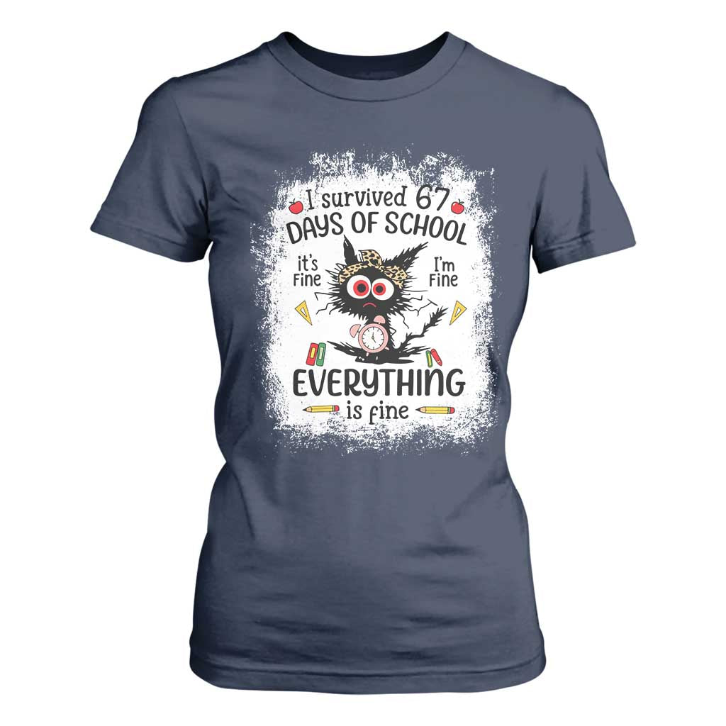 I Survived 67 Days of School T Shirt For Women Funny Teacher Black Cat Chaos Everything Is Fine TS02 Navy Print Your Wear