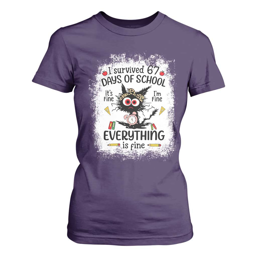 I Survived 67 Days of School T Shirt For Women Funny Teacher Black Cat Chaos Everything Is Fine TS02 Purple Print Your Wear