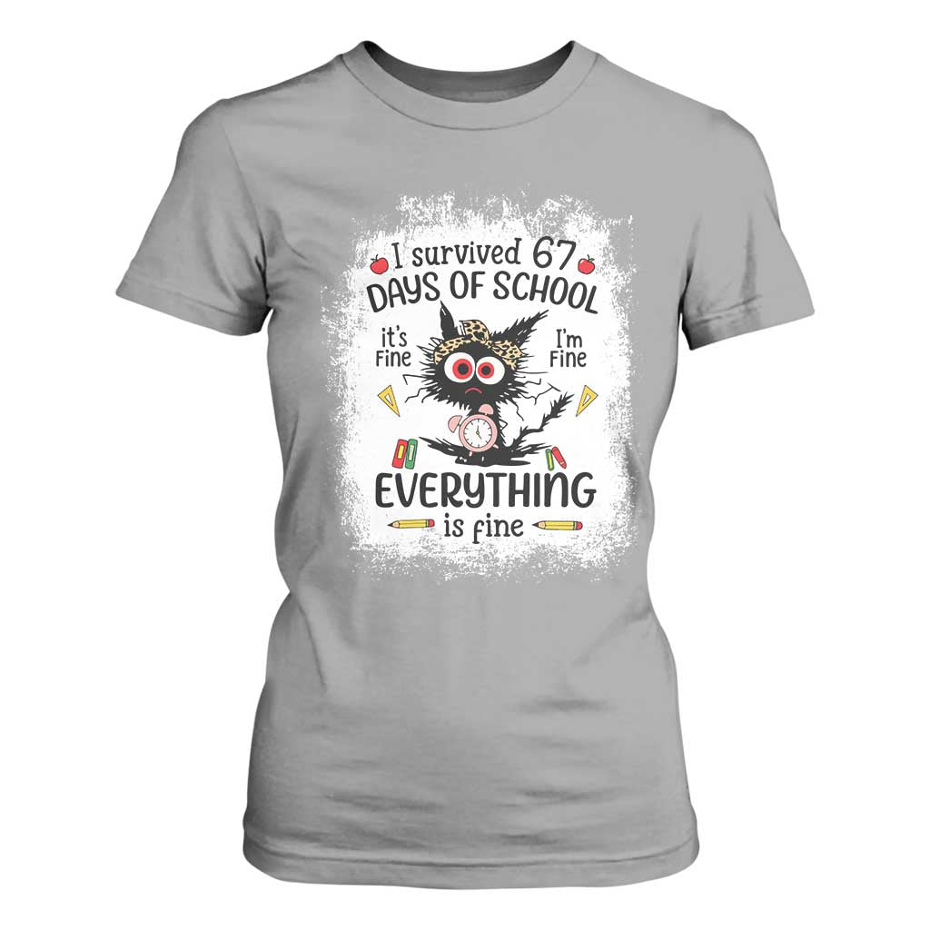 I Survived 67 Days of School T Shirt For Women Funny Teacher Black Cat Chaos Everything Is Fine TS02 Sport Gray Print Your Wear