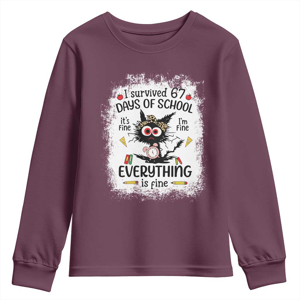 I Survived 67 Days of School Youth Sweatshirt Funny Teacher Black Cat Chaos Everything Is Fine TS02 Maroon Print Your Wear