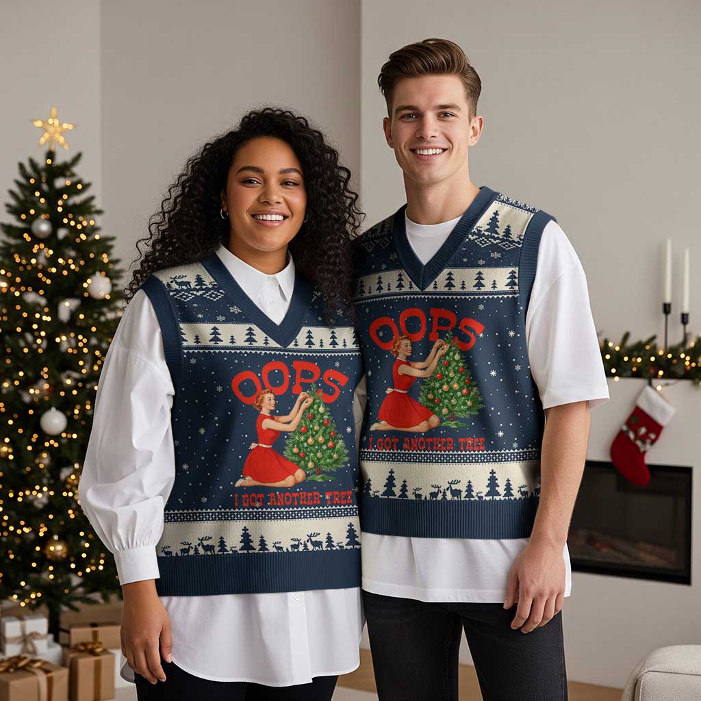 Funny Retro Xmas Pinup Girl V-Neck Knit Sweater Vest Oops I Got Another Tree Vintage Pin Up Style Holiday Humor TS02 Navy Beige Print Your Wear