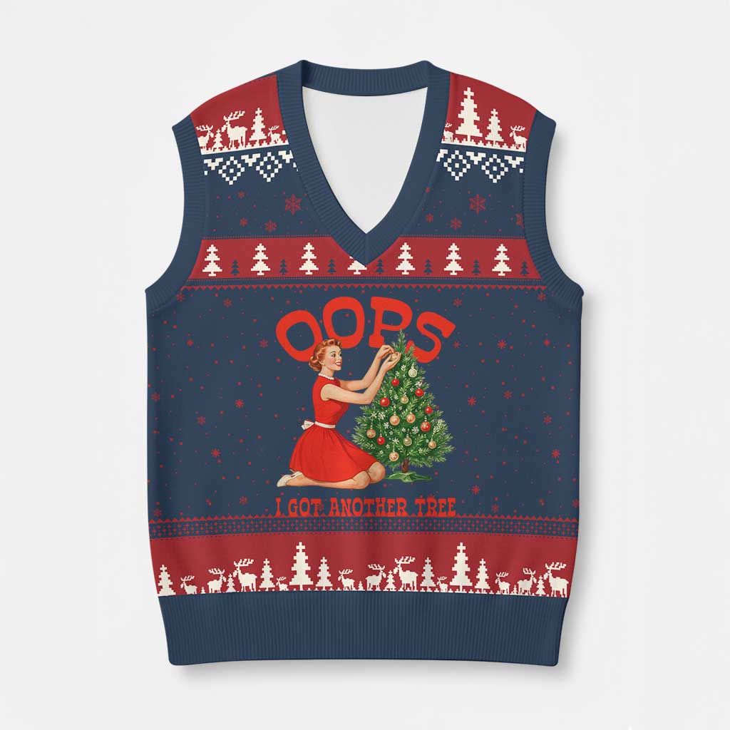 Funny Retro Xmas Pinup Girl V-Neck Knit Sweater Vest Oops I Got Another Tree Vintage Pin Up Style Holiday Humor TS02 Navy Red Print Your Wear
