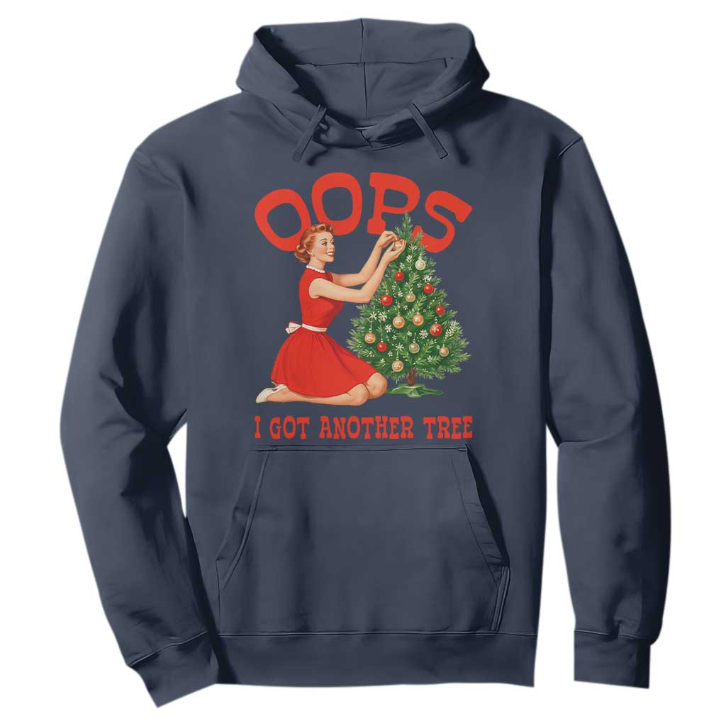 Funny Retro Christmas Pinup Girl Hoodie Oops I Got Another Tree Vintage Pin Up Style Holiday Humor TS02 Navy Print Your Wear