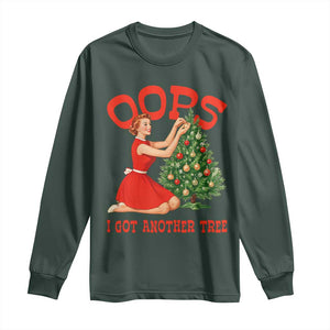Funny Retro Christmas Pinup Girl Long Sleeve Shirt Oops I Got Another Tree Vintage Pin Up Style Holiday Humor TS02 Dark Forest Green Print Your Wear