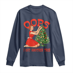 Funny Retro Christmas Pinup Girl Long Sleeve Shirt Oops I Got Another Tree Vintage Pin Up Style Holiday Humor TS02 Navy Print Your Wear