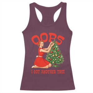 Funny Retro Christmas Pinup Girl Racerback Tank Top Oops I Got Another Tree Vintage Pin Up Style Holiday Humor TS02 Maroon Print Your Wear