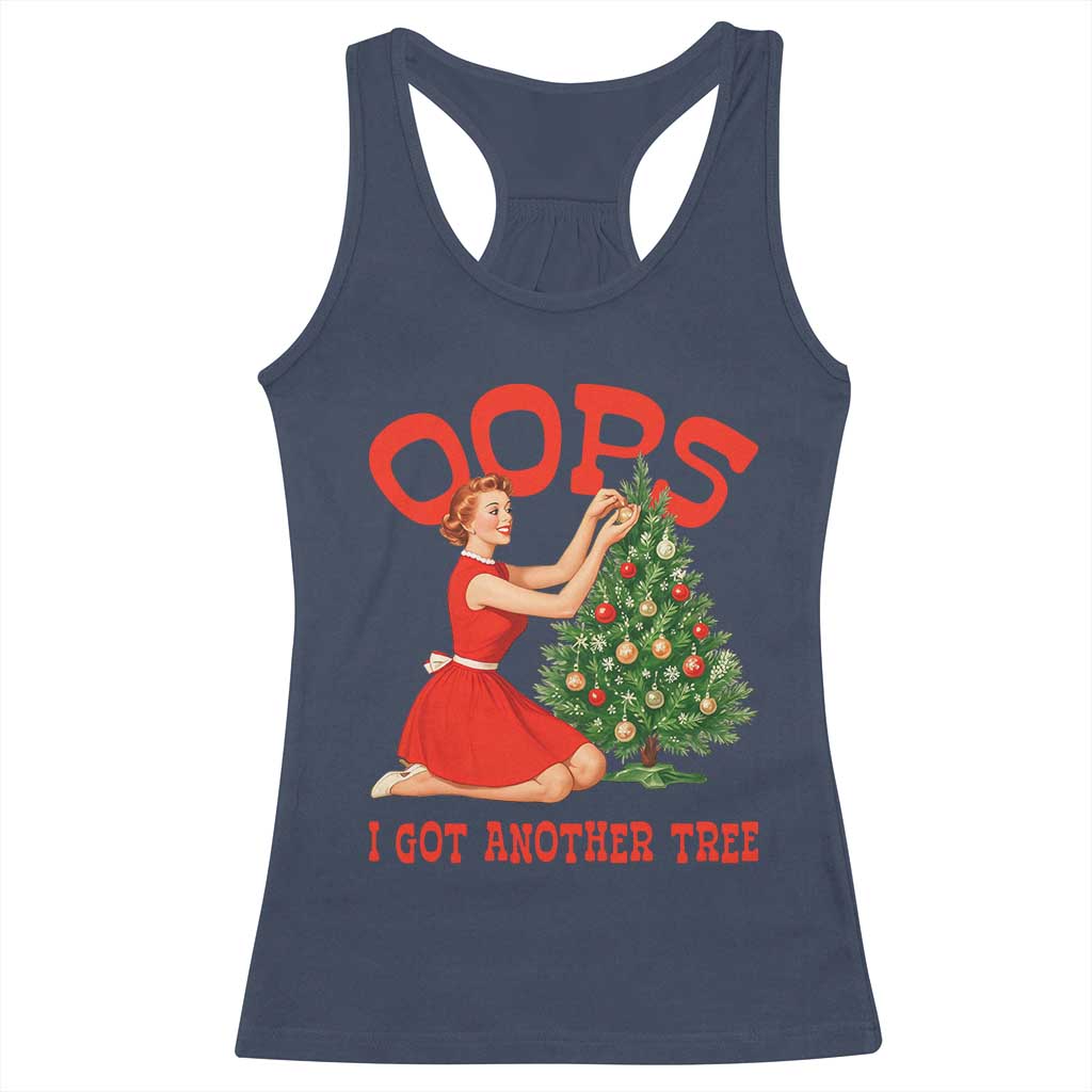 Funny Retro Christmas Pinup Girl Racerback Tank Top Oops I Got Another Tree Vintage Pin Up Style Holiday Humor TS02 Navy Print Your Wear